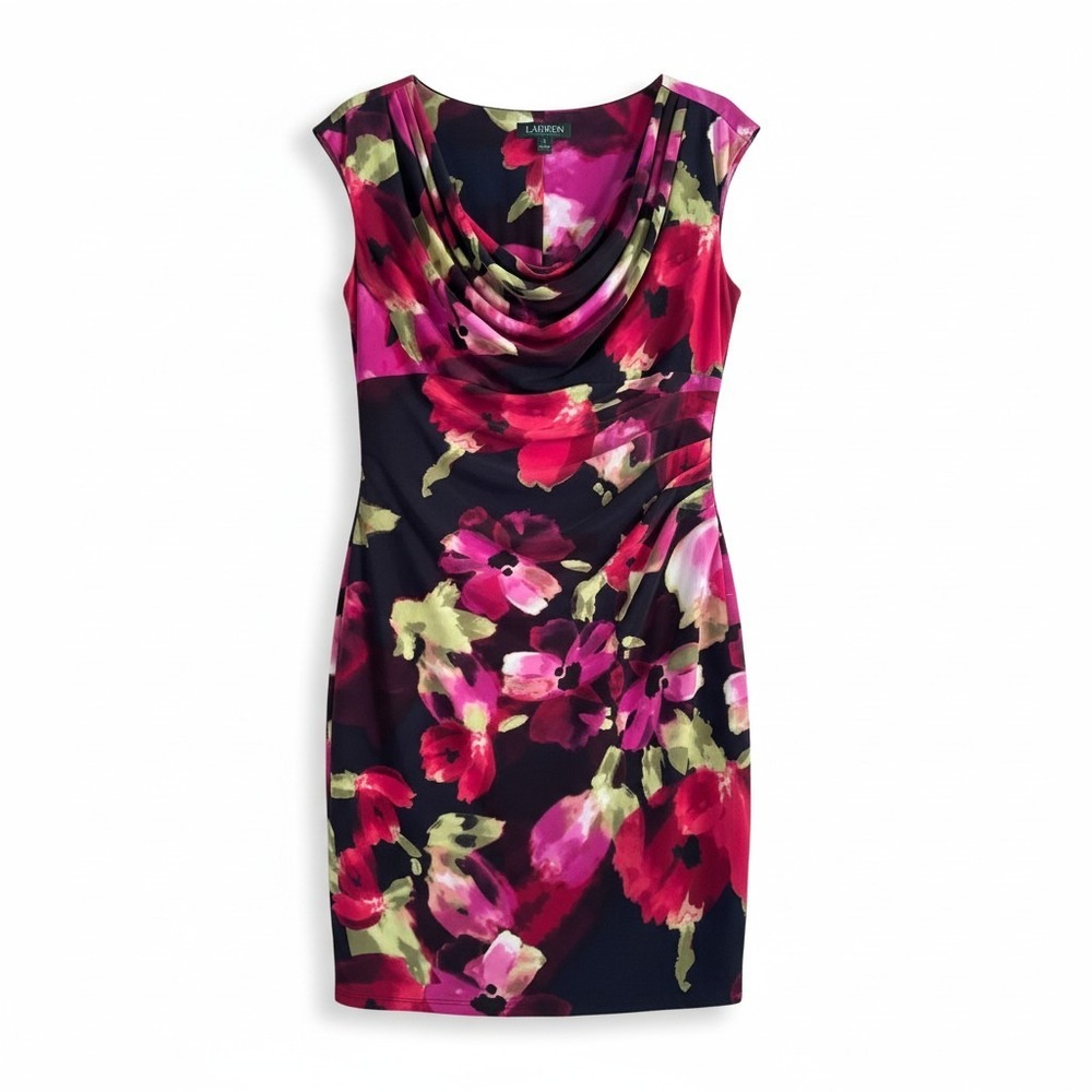 Lauren Ralph Lauren Pink Purple Floral‎ Cowl Neck Ruched Sheath Dress Size 14